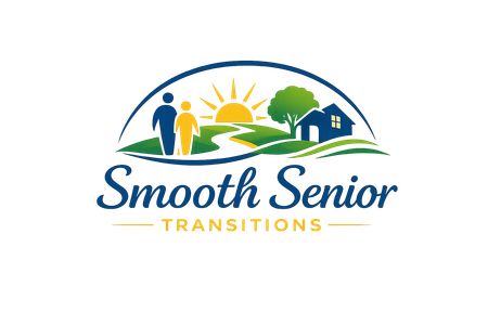 Smooth Senior Transitions logo with sun, tree, home, and two people over blue and gold text.