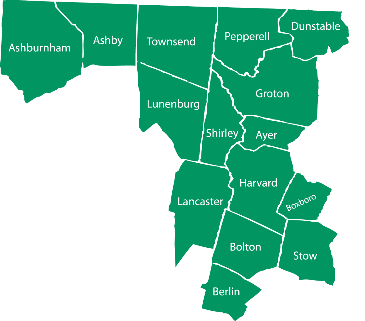 Click on the image to view the NABH region in Google Maps map of NABH service area: towns of Ashburnham, Ashby, Townsend, Pepperell, Dunstable, Lunenburg, Groton, Shirley, Ayer, Harvard, Lancaster, Bolton, Boxborough, Stow, and Berlin, and the community of Devens