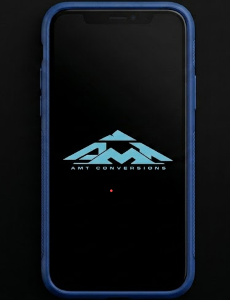 Blue-cased smartphone displaying the AMT Conversion logo on a black screen