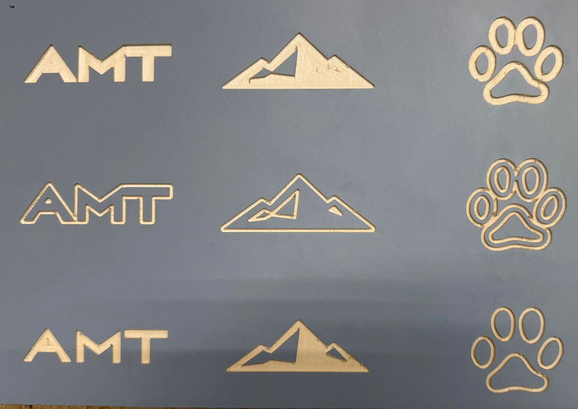 Three rows of gold AMT, mountain, and paw logos on a gray background