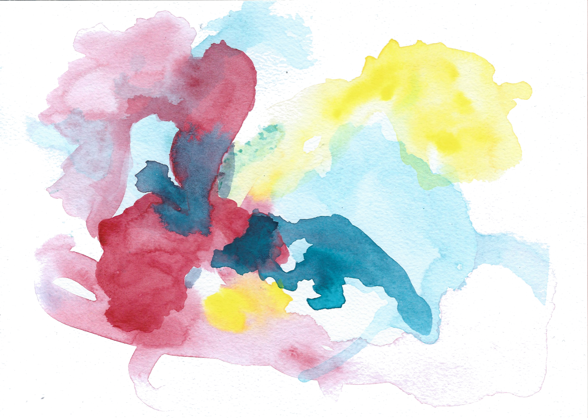 Abstract watercolor splashes in pink, red, blue, and yellow on a white background