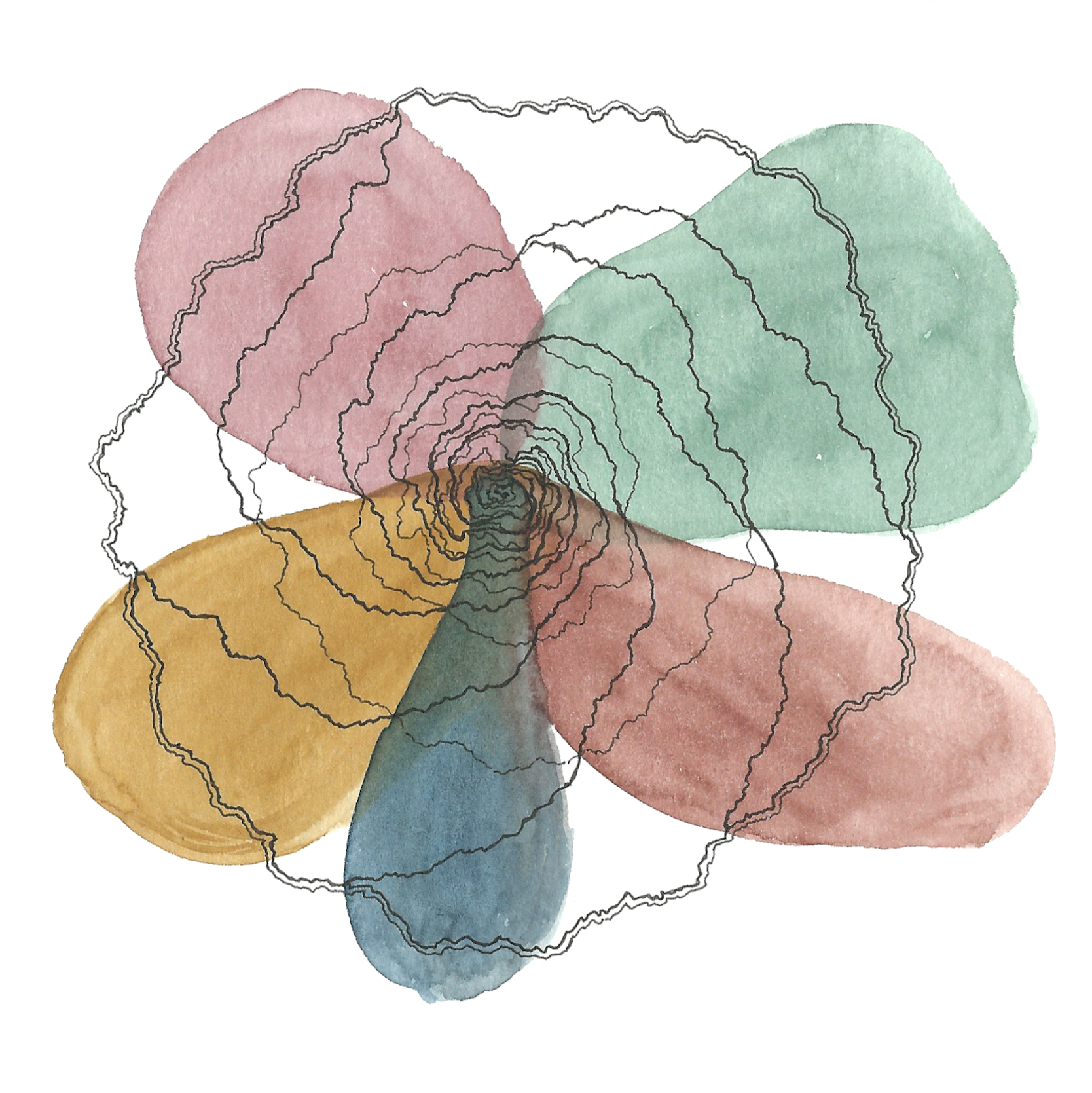 Abstract watercolor flower with five pastel petals in pink, yellow, blue, green, and rose