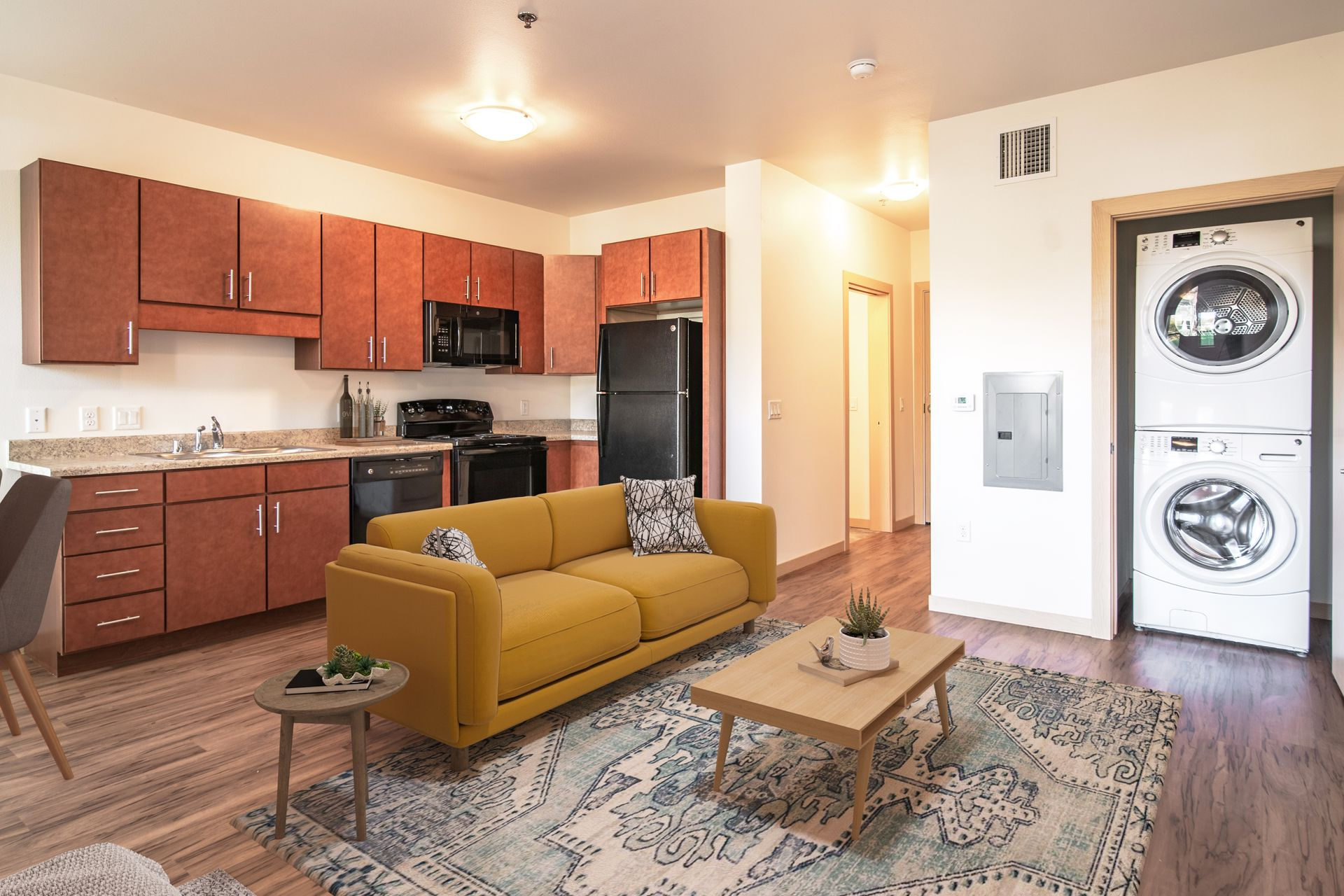 Virtually staged studio apartment at The Breese