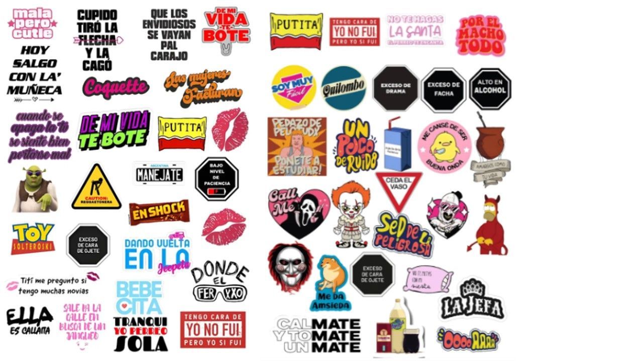 Collage de pegatinas y eslóganes coloridos de estilo feminista y activista sobre un fondo blanco.
