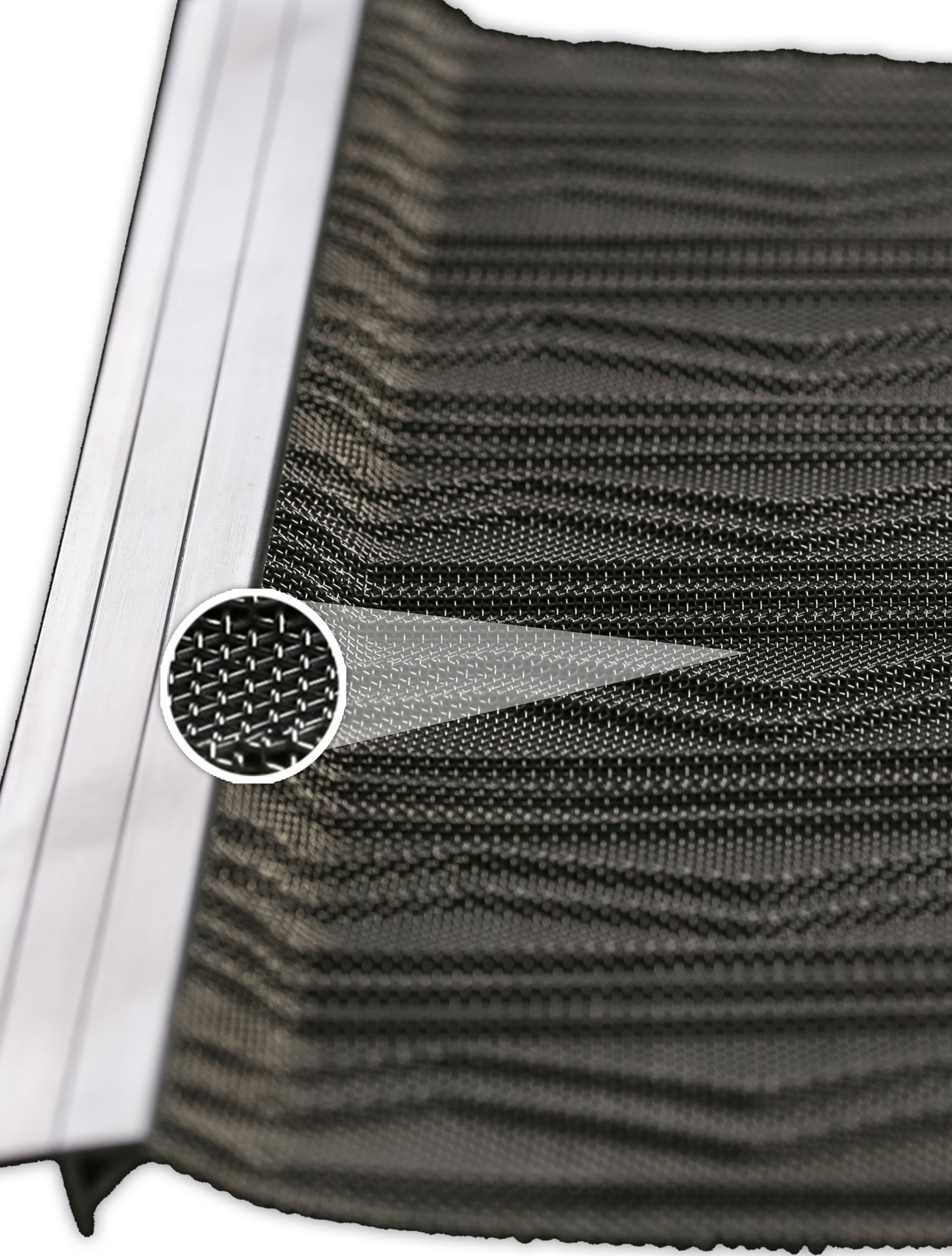 A close up of a black mesh with a white stripe on it