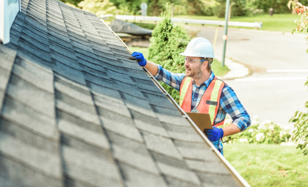 A man is standing on top of a roof.