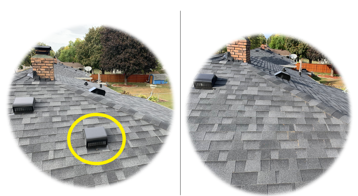Two pictures of a roof with a yellow circle around it.