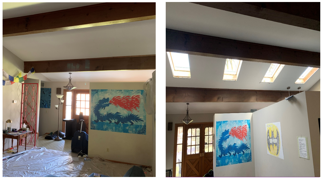 Two pictures of a living room with a painting on the wall