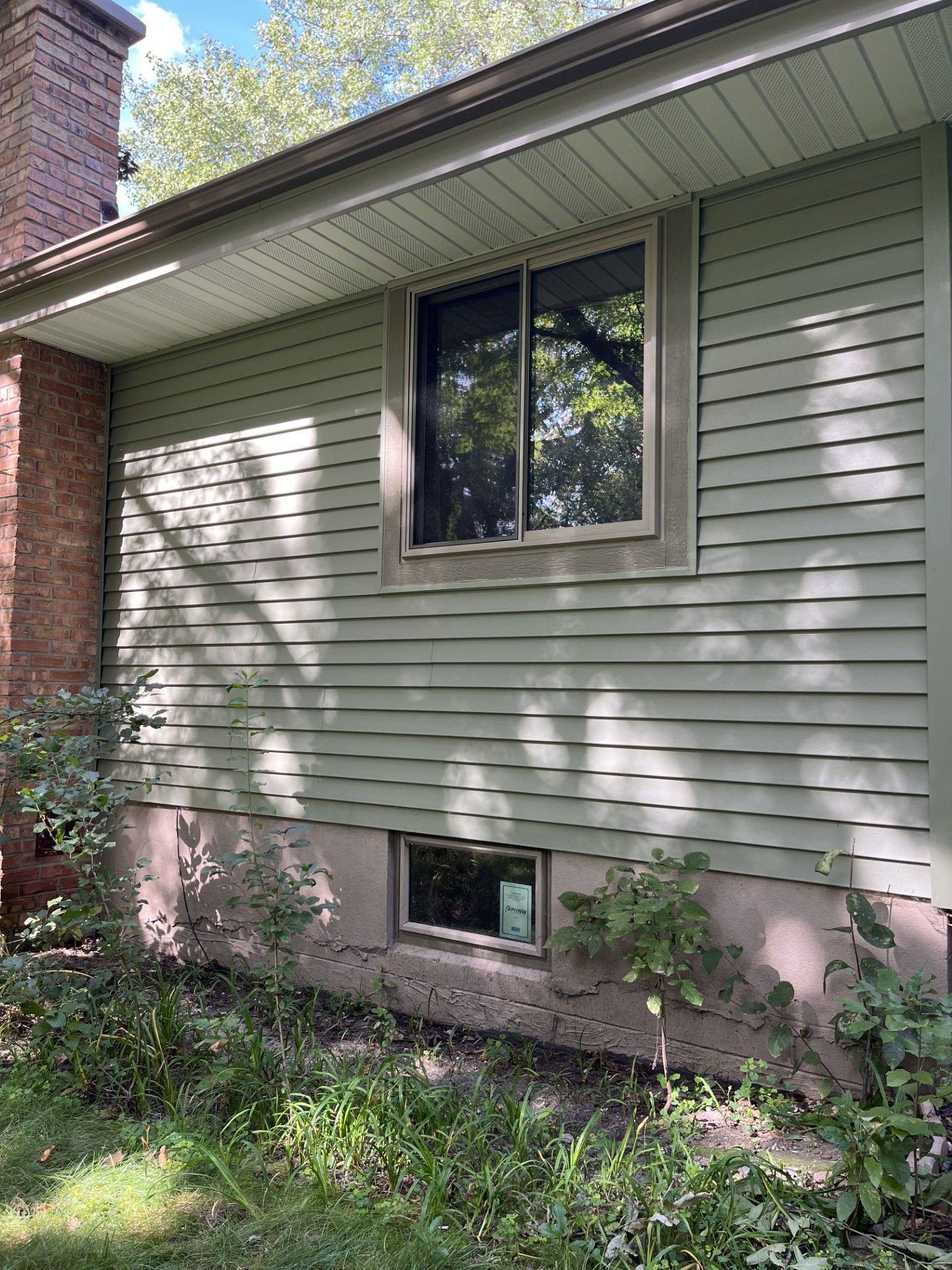 Green siding on a house with a window, a brick chimney, and overgrown plants at the base.