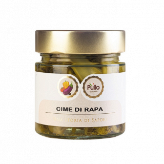Vasetto di Pullo Cime di Rapa in olio verde con coperchio dorato ed etichetta bianca