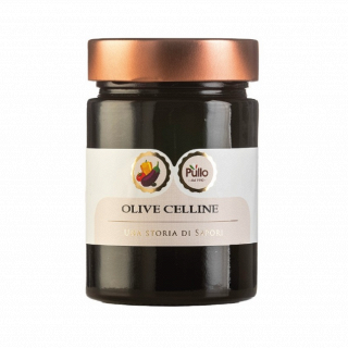 Vasetto di celloine per olive Pulo con coperchio in rame su sfondo bianco