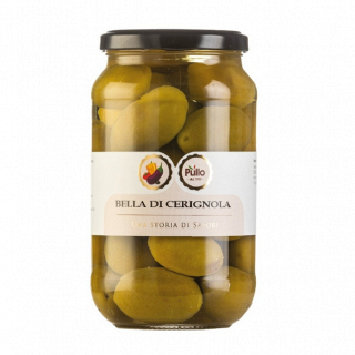 Vasetto di olive verdi con coperchio nero ed etichetta Bella di Cerignola