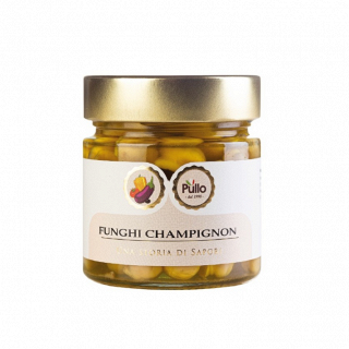 Vasetto di Pullo ai funghi champignon sott'olio con coperchio dorato ed etichetta bianca su sfondo bianco.