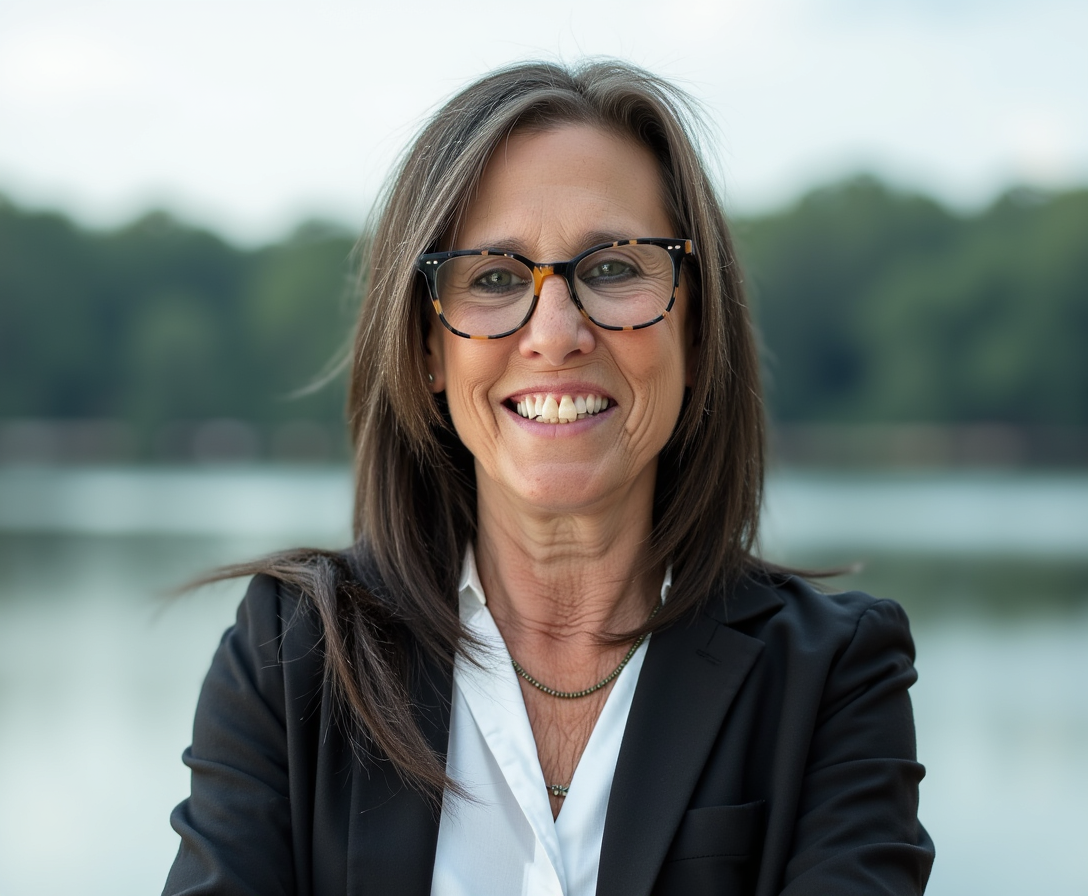 Smiling person in glasses and black blazer standing outdoors by a lake