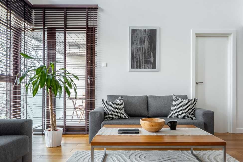 A living room with a couch and a coffee table.