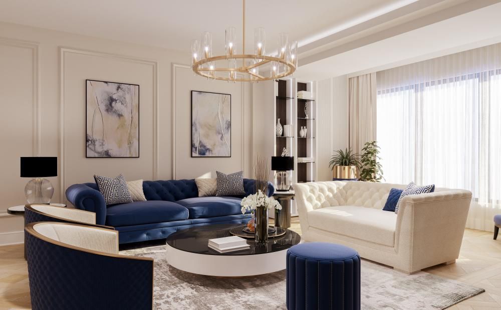 A living room filled with furniture and a chandelier.