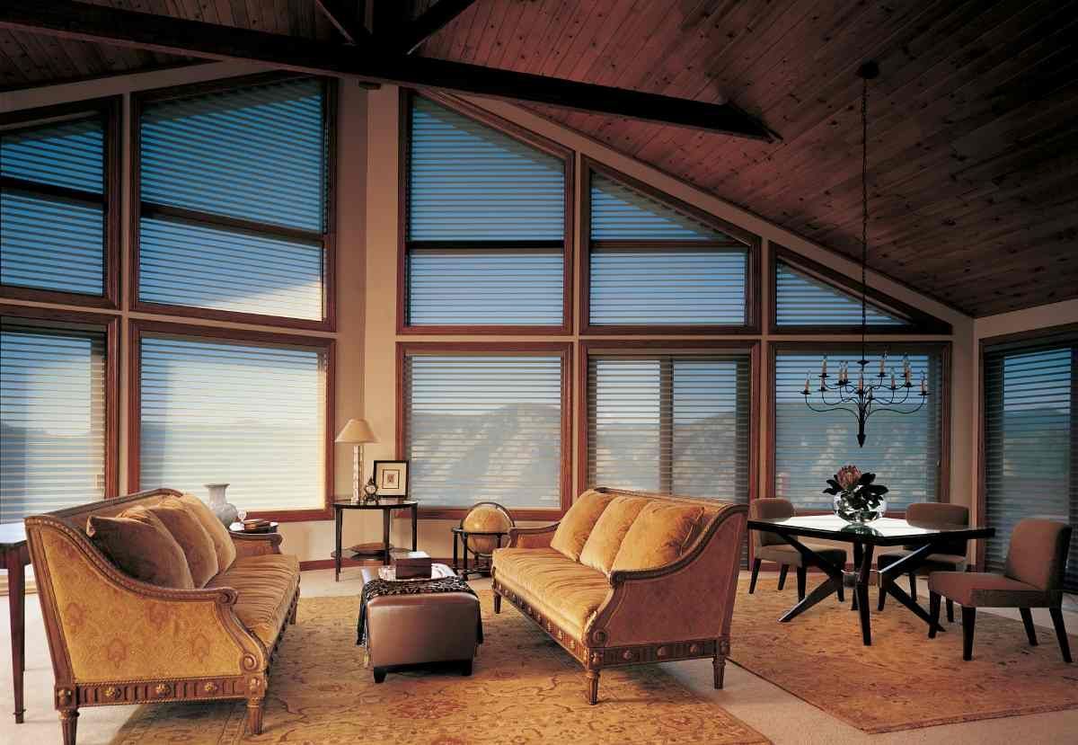 Hunter Douglas Silhouette® Sheer Shades on tall, angular special-shaped windows in a traditionally styled living room near Tustin, CA