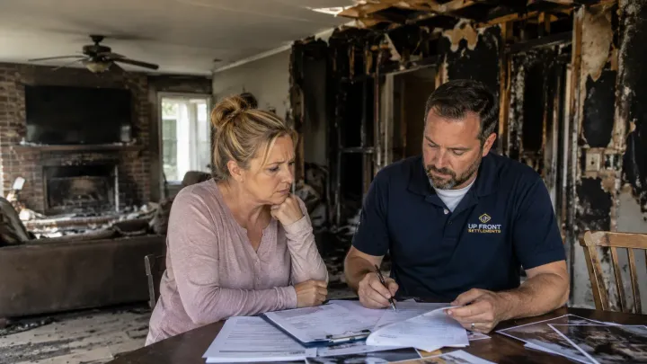 Two people review paperwork at a table inside a fire-damaged room with soot-blackened walls.