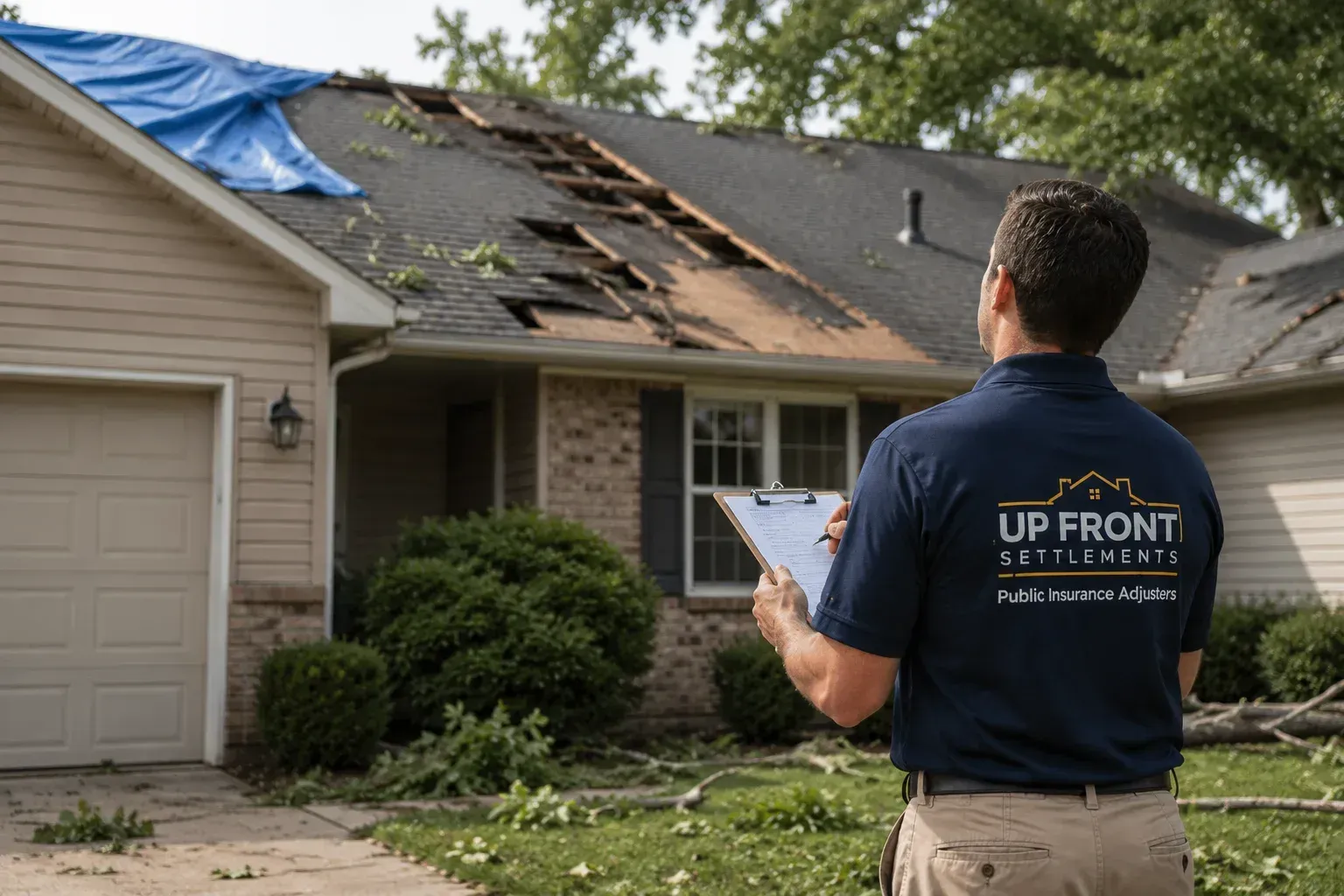 Inspector surveying storm-damaged roof on a suburban house with a blue tarp and missing shingles