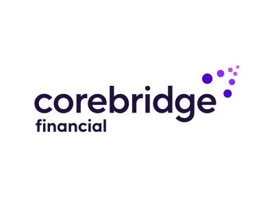 Corebridge Financial logo with dark purple text and purple dot cluster on a white background