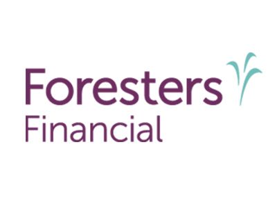 Foresters Financial logo in purple with teal leaf icon on a white background