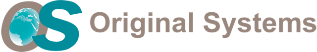 Un logo per sistemi originali con un globo sullo sfondo