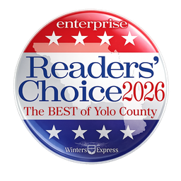 Readers’ Choice 2026 badge for The Best of Yolo County, red, white, and blue with stars and Winters Express