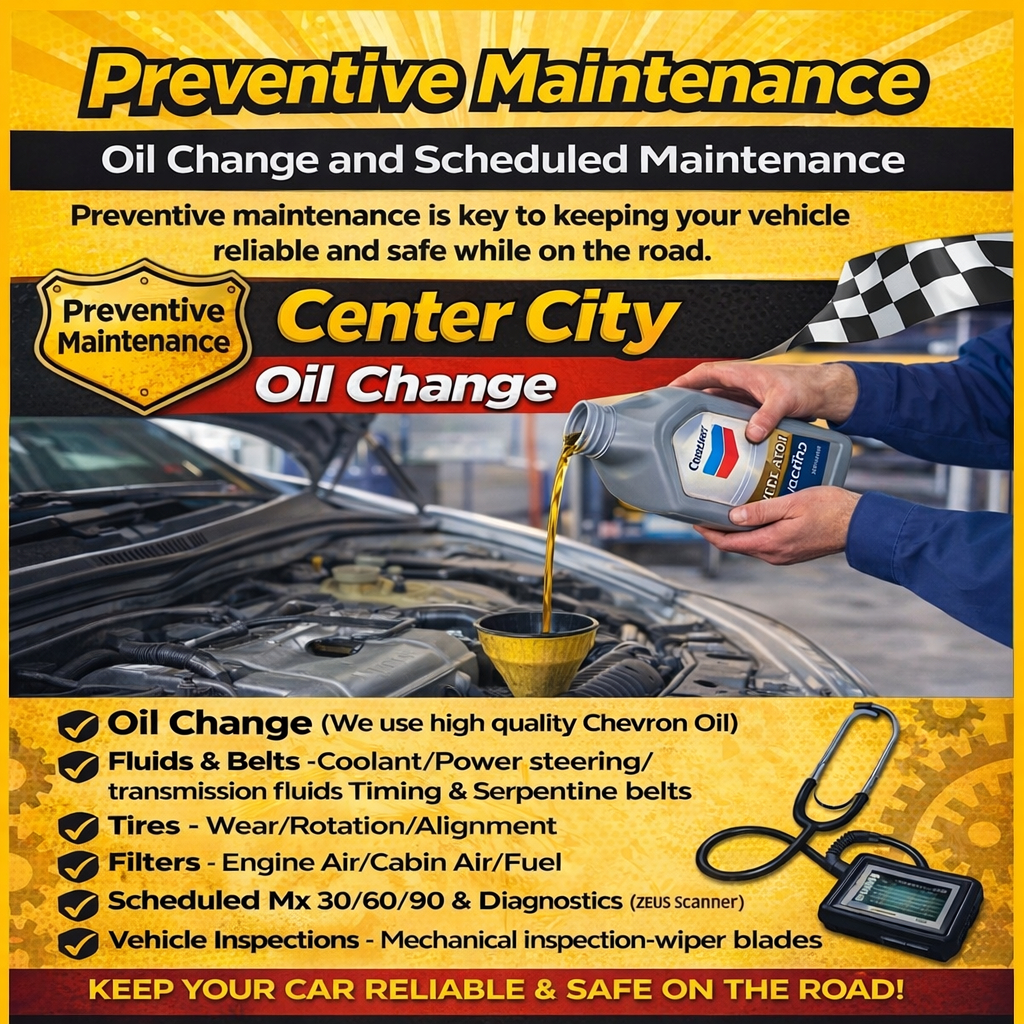 Center City Oil Change preventive maintenance ad with oil change, tire rotation, and repair services