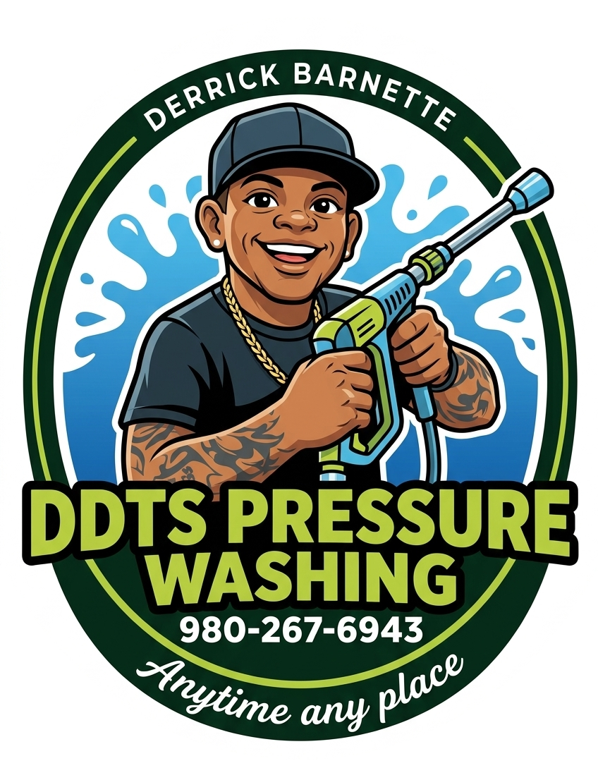 DDTS Pressure Washing logo with cartoon worker spraying water, phone number, and “Anytime any place” text
