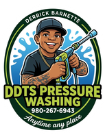 DDTS Pressure Washing logo with cartoon worker spraying water, phone number, and “Anytime any place” text