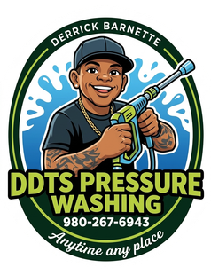 DDTS Pressure Washing logo with cartoon worker spraying water, phone number, and “Anytime any place” text