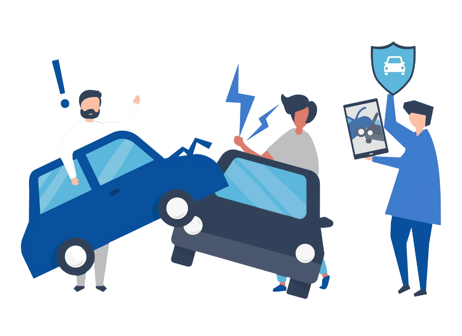 Two cars collided, with people around them. One person holds a tablet showing damage, another gestures in surprise, and another holds up a shield.