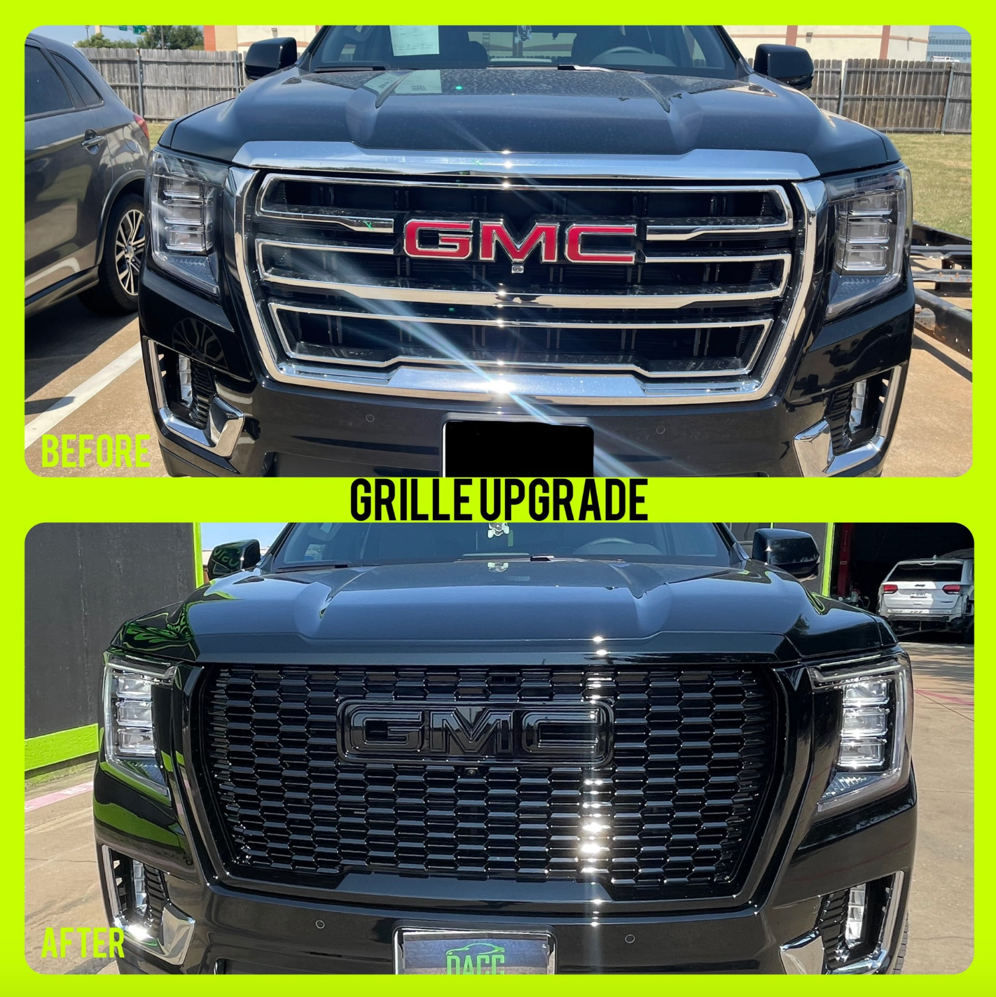 Comparison of a black GMC Yukon's front grille before and after an upgrade. The 