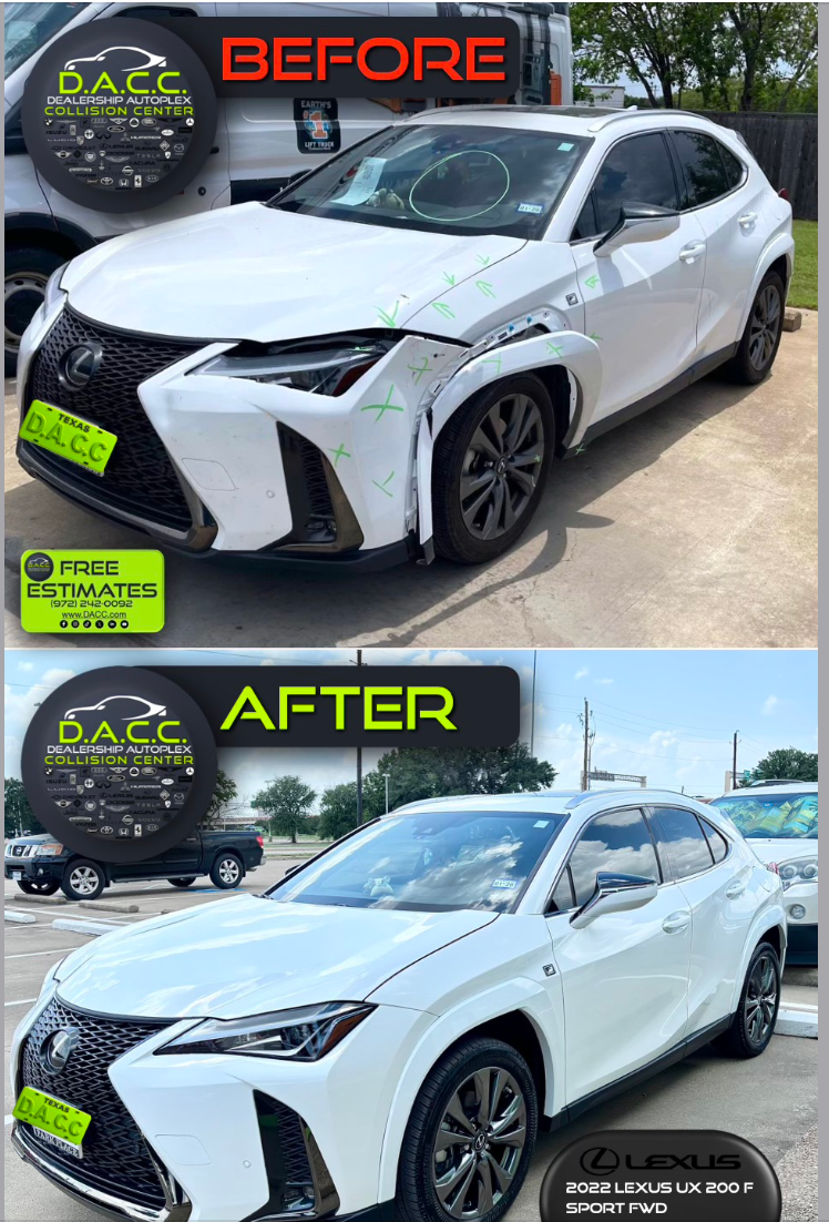 Before and after photos of a white Lexus UX with significant front-end damage, and a fully repaired vehicle.