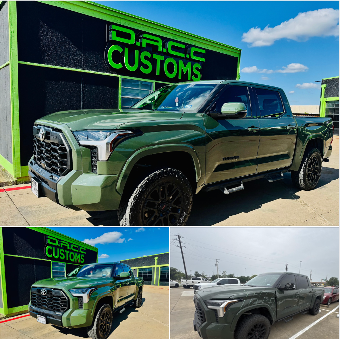 Green Toyota Tundra truck customized by D.A.C.C. Customs. The truck is parked outside the shop on a sunny day.