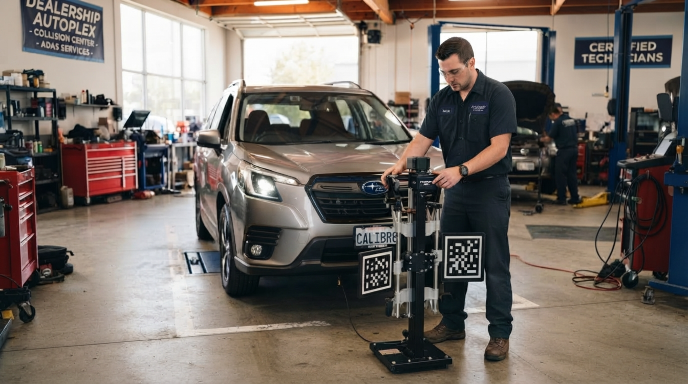 Mechanic using a wheel alignment tool on a silver SUV in an auto shop