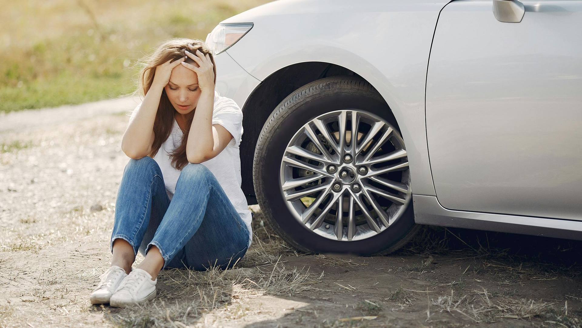 A person sits on the ground next to a silver car, holding their head in their hands in a distressed posture.