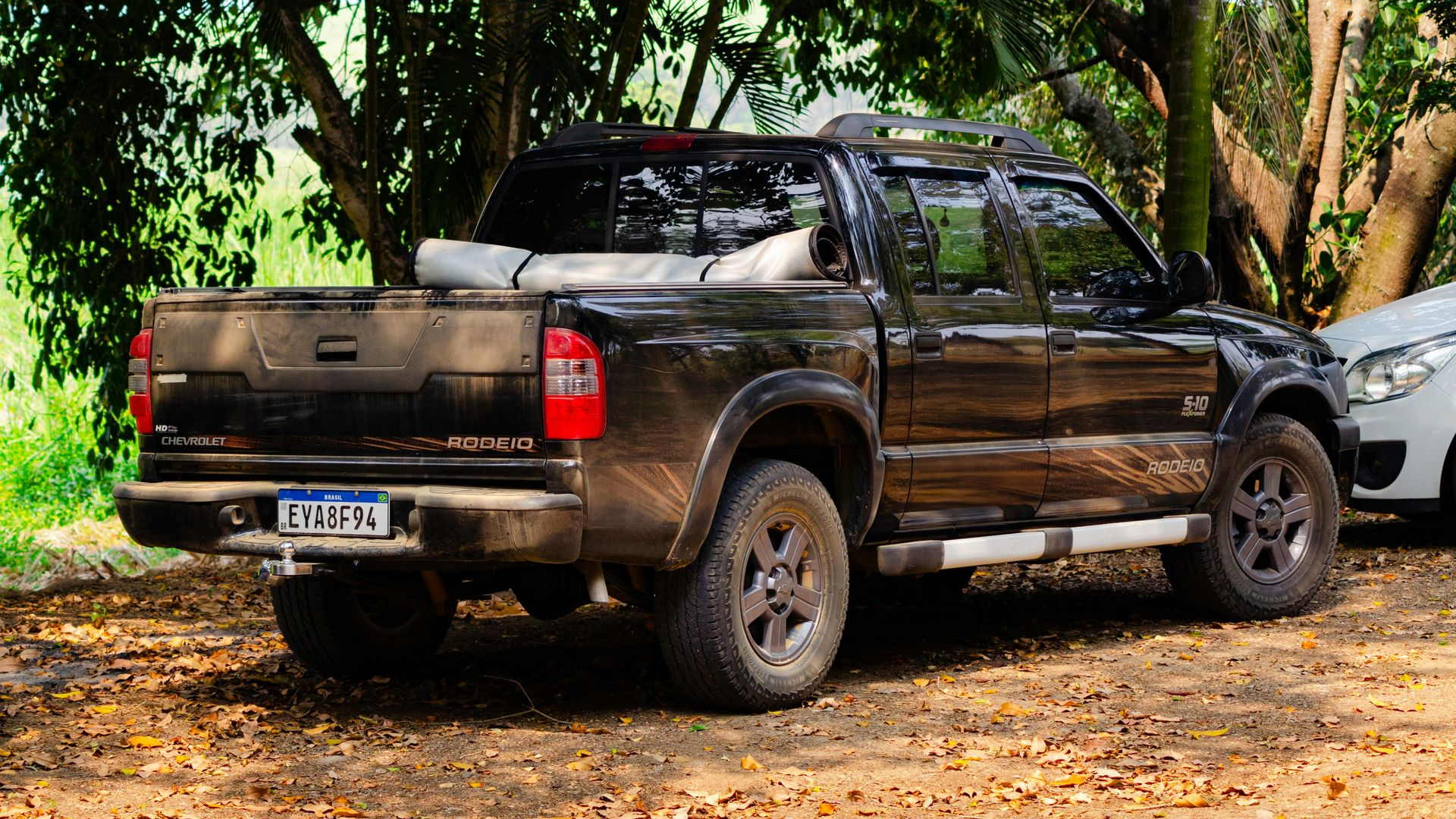 Black pickup truck parked on a dirt road in a leafy wooded area