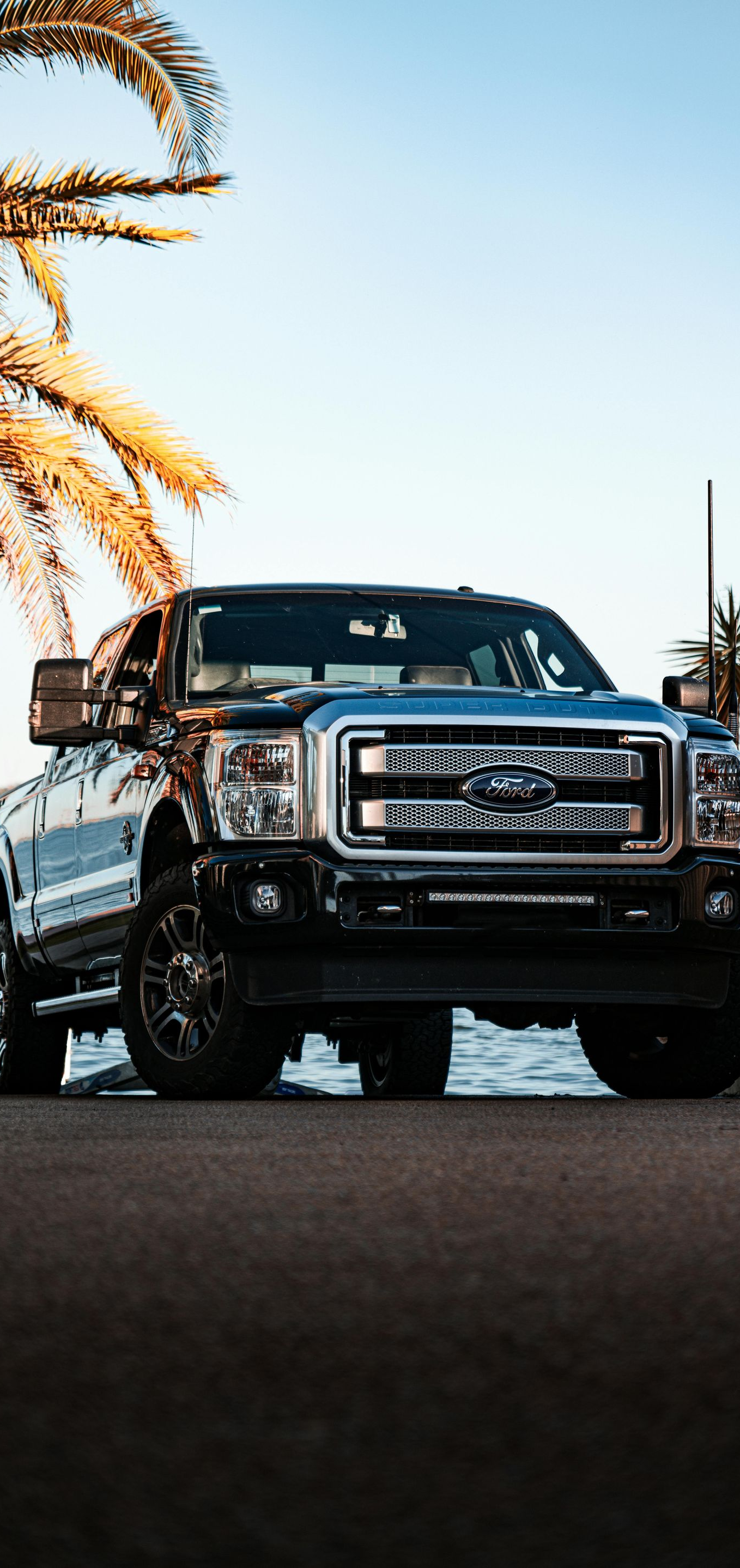 Black pickup truck on a road with palm trees and a bright sky behind it