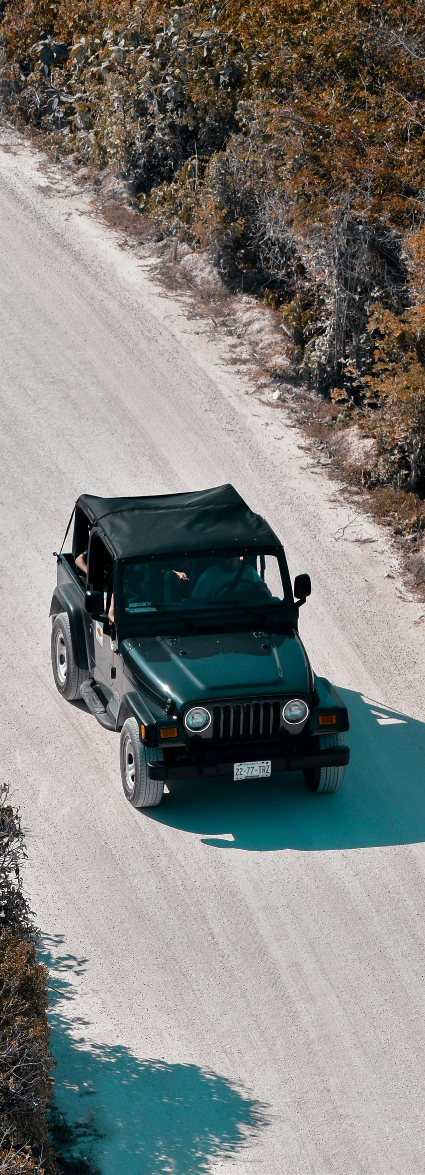 Dark green Jeep driving on a snowy road beside dry brush