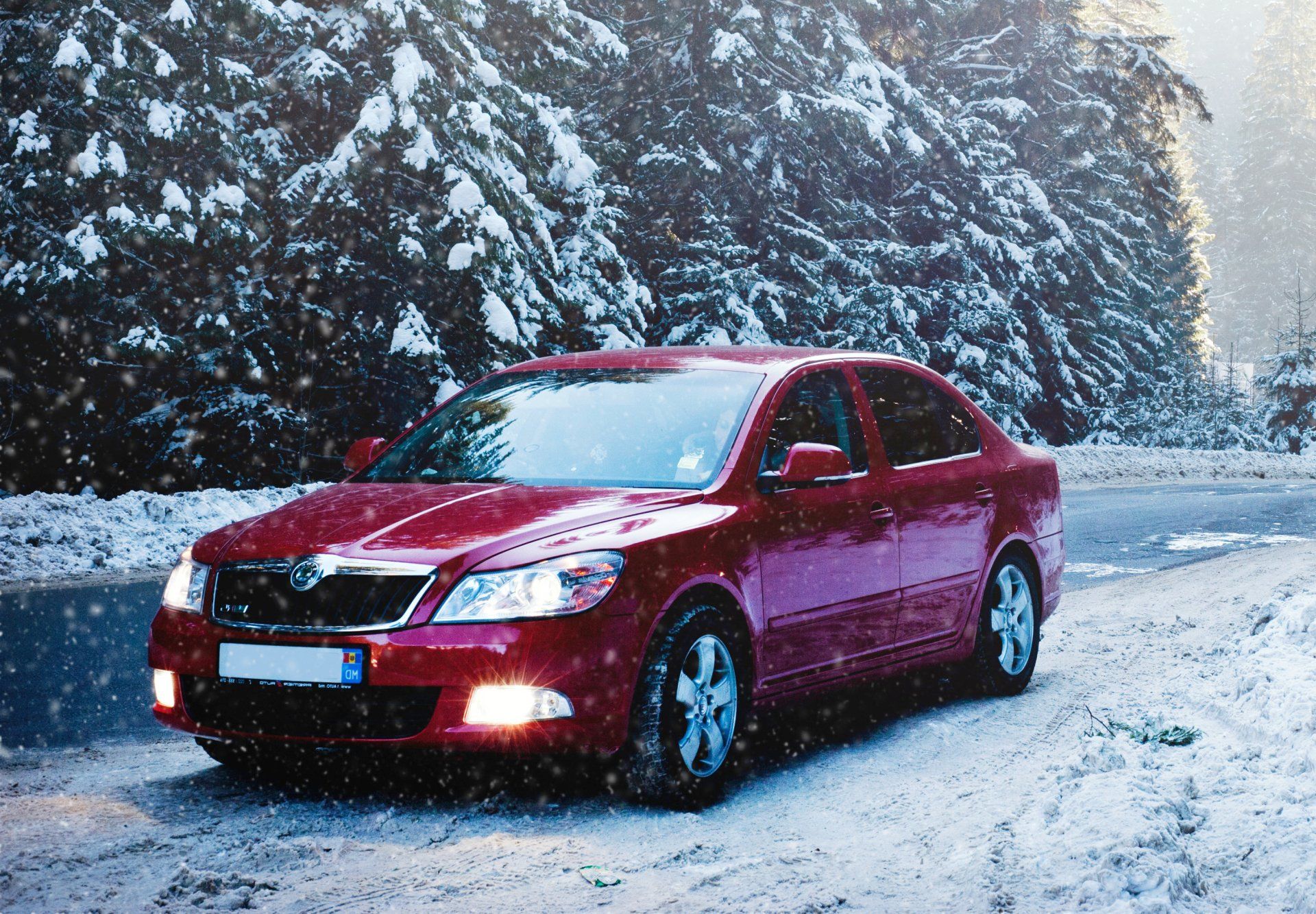 Red car driving on a snowy road with a forest in the background. Snow is falling.