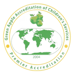 Green Apple Accreditation seal with green apples, world map, and text