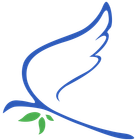 Blue dove with outstretched wing, holding green leaves.