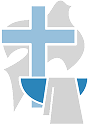Blue cross over a dove and baptismal font, light blue and gray colors.