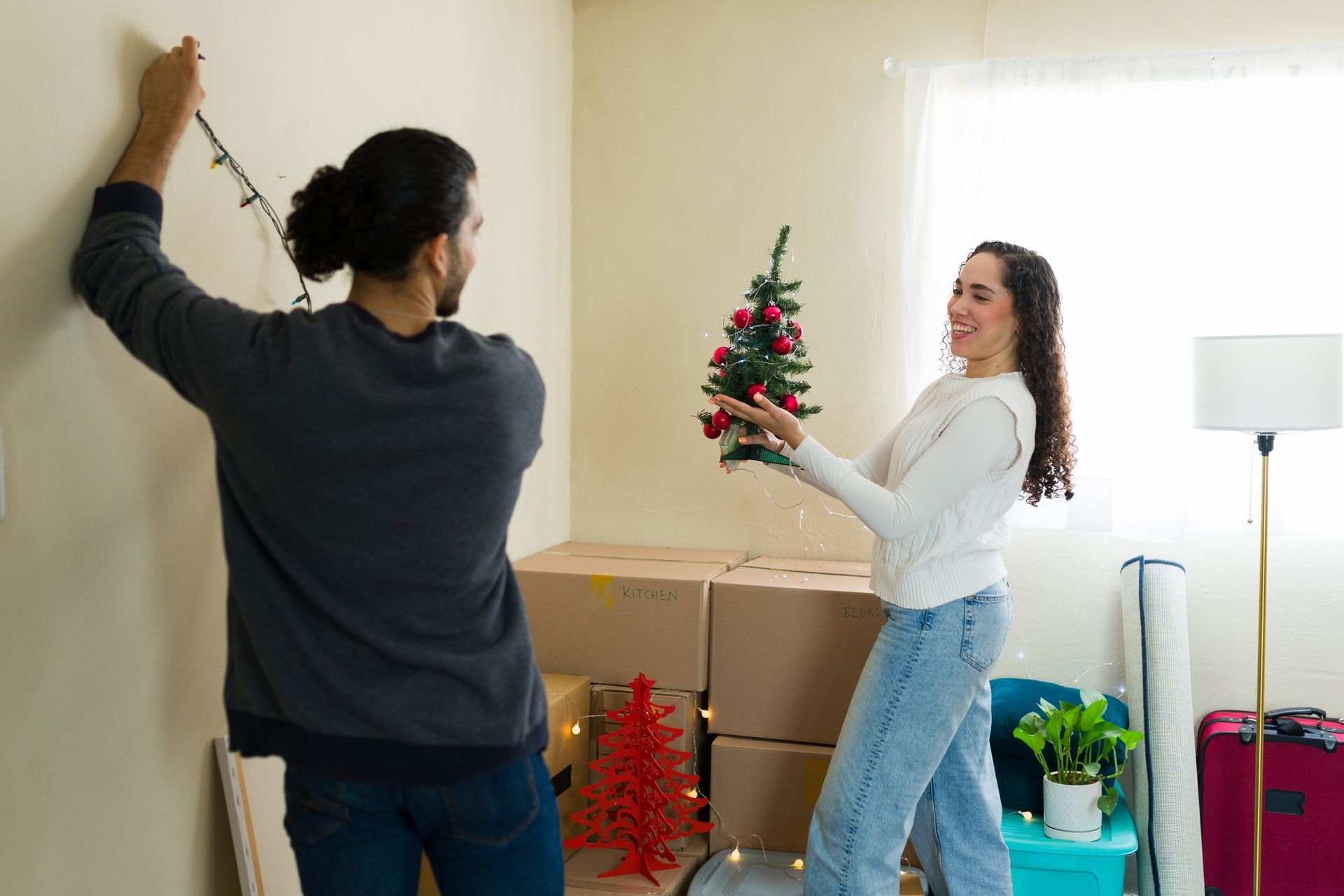Couple decorating a room: man hangs lights, woman holds small tree; cardboard boxes, open window visible.