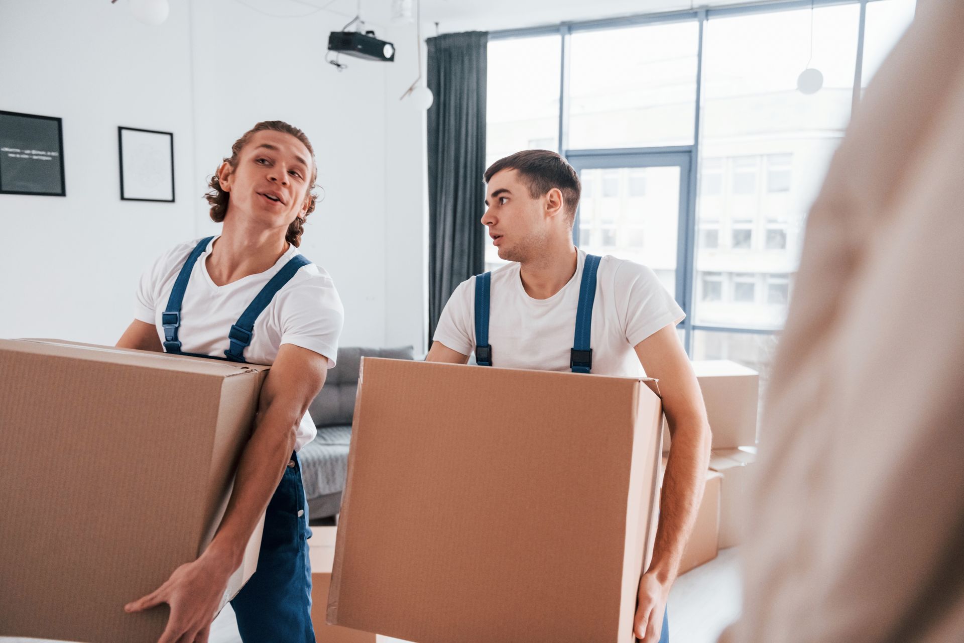 Two men are carrying cardboard boxes in a living room.
