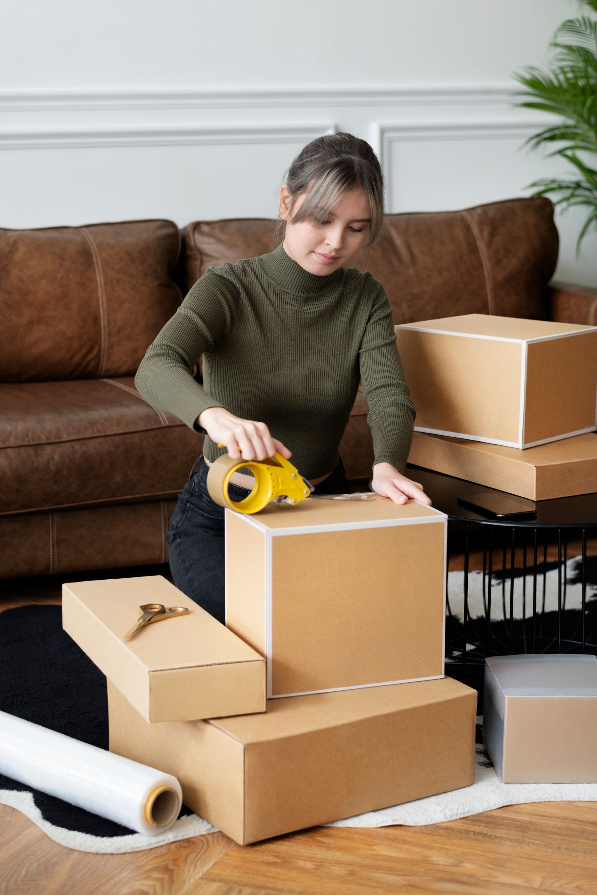 A woman is taping a cardboard box in a living room preparing for moving homes.