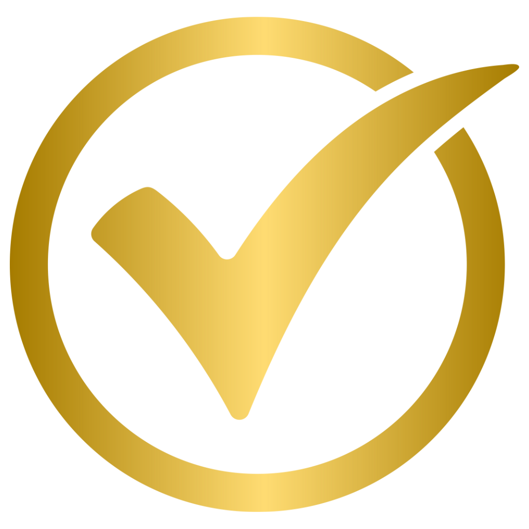 A gold check mark in a circle on a white background