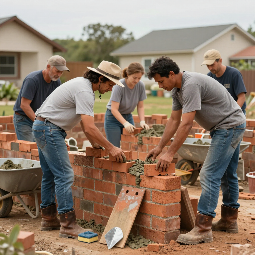 A construction worker in a yellow hard hat and high-vis vest kneels to work on a pipe against an unfinished brick wall.