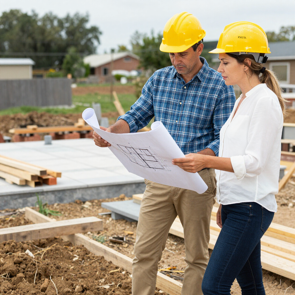 A construction worker in a yellow hard hat and high-vis vest kneels to work on a pipe against an unfinished brick wall.